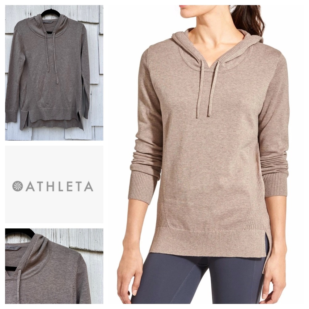 Athleta Winding River Hoodie Foxtail Taupe Sweater Knit Pullover Size S
